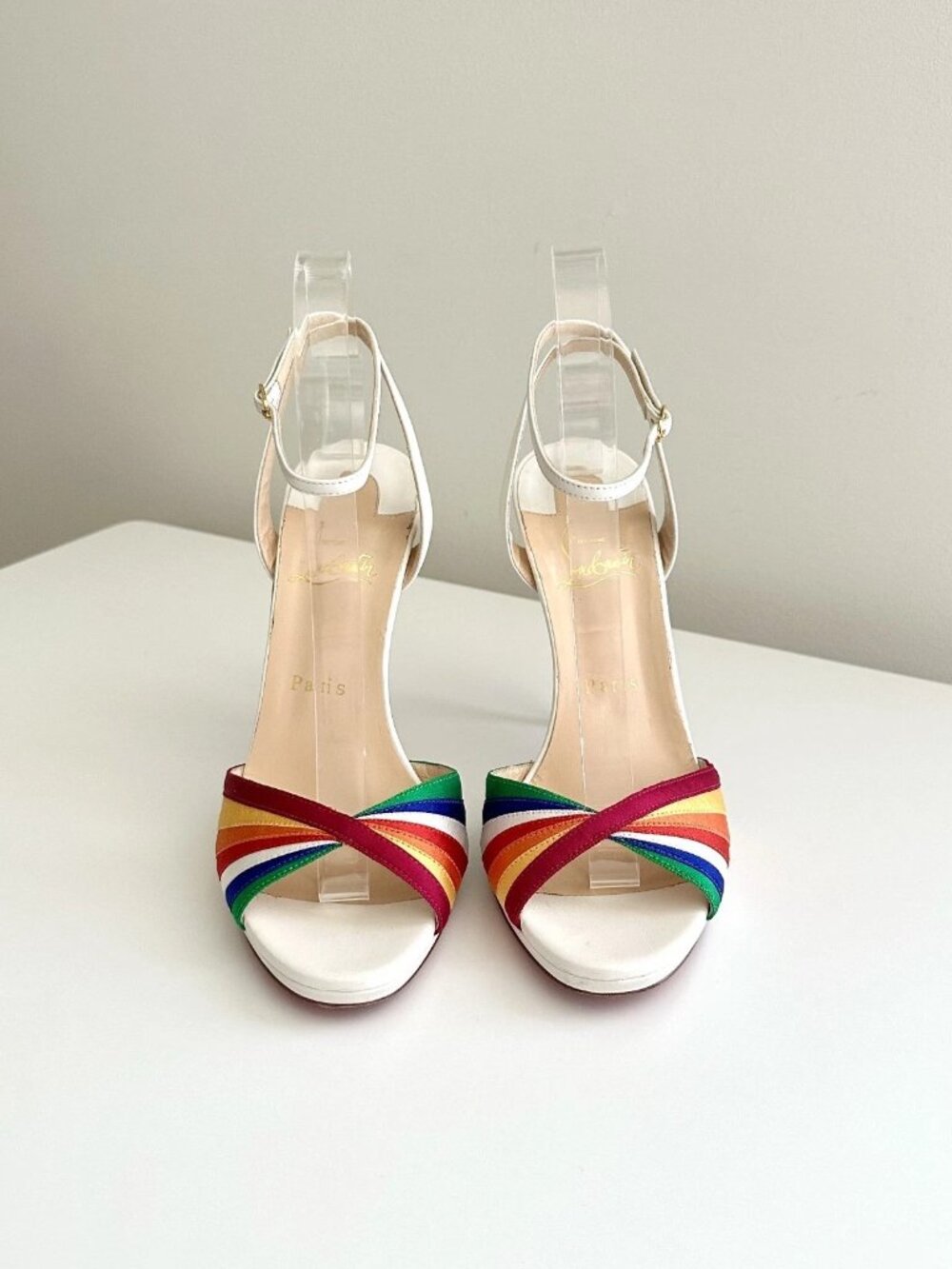 Christian Louboutin Naseeba 120 White Rainbow Ankle Strap Heels Size 38.5